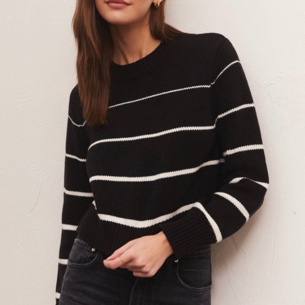 Z Supply Black and White Striped Crew Neck Sweater
